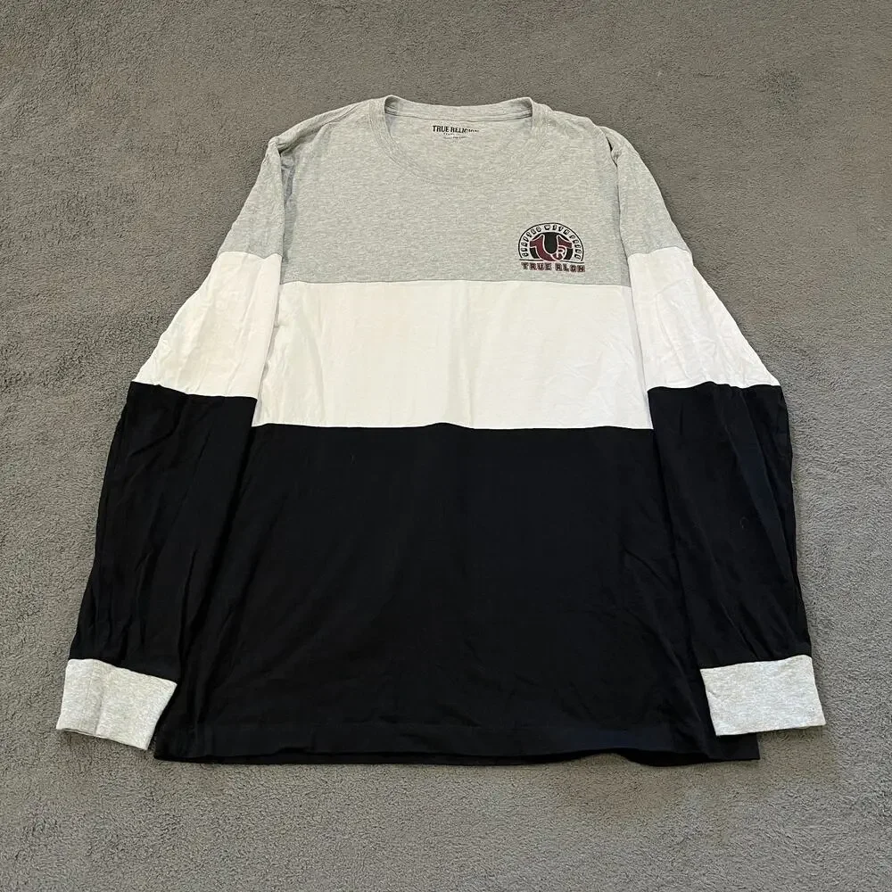 True Religion Gray White Black Long Sleeve Graphic Crew Neck T-Shirt Men's Sz XL